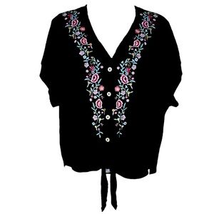 Umgee Floral Embroidered Waffle Knit Tie Front Top Size Large Black